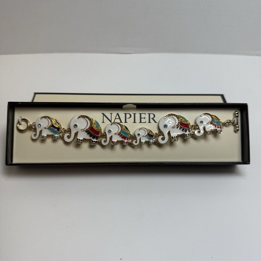 Vintage Napier Elephant Jeweled Multi Color  Enamel Bracelet Original Box 6.5”L